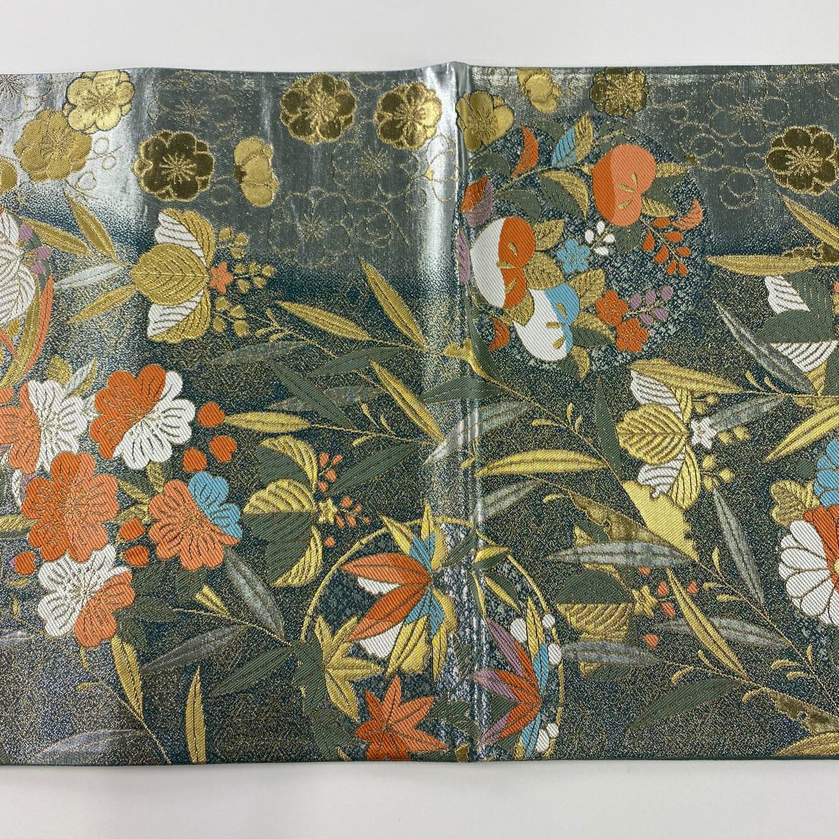 【美品】 袋帶 秀品級 菊花 桐 金金箔 金絲 灰色 六通 純蠶絲