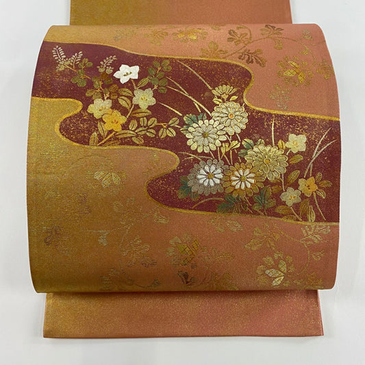 袋帶 秀品級 秋草 霞 金銀彩 刺繡 紅茶 お太鼓柄 純蠶絲