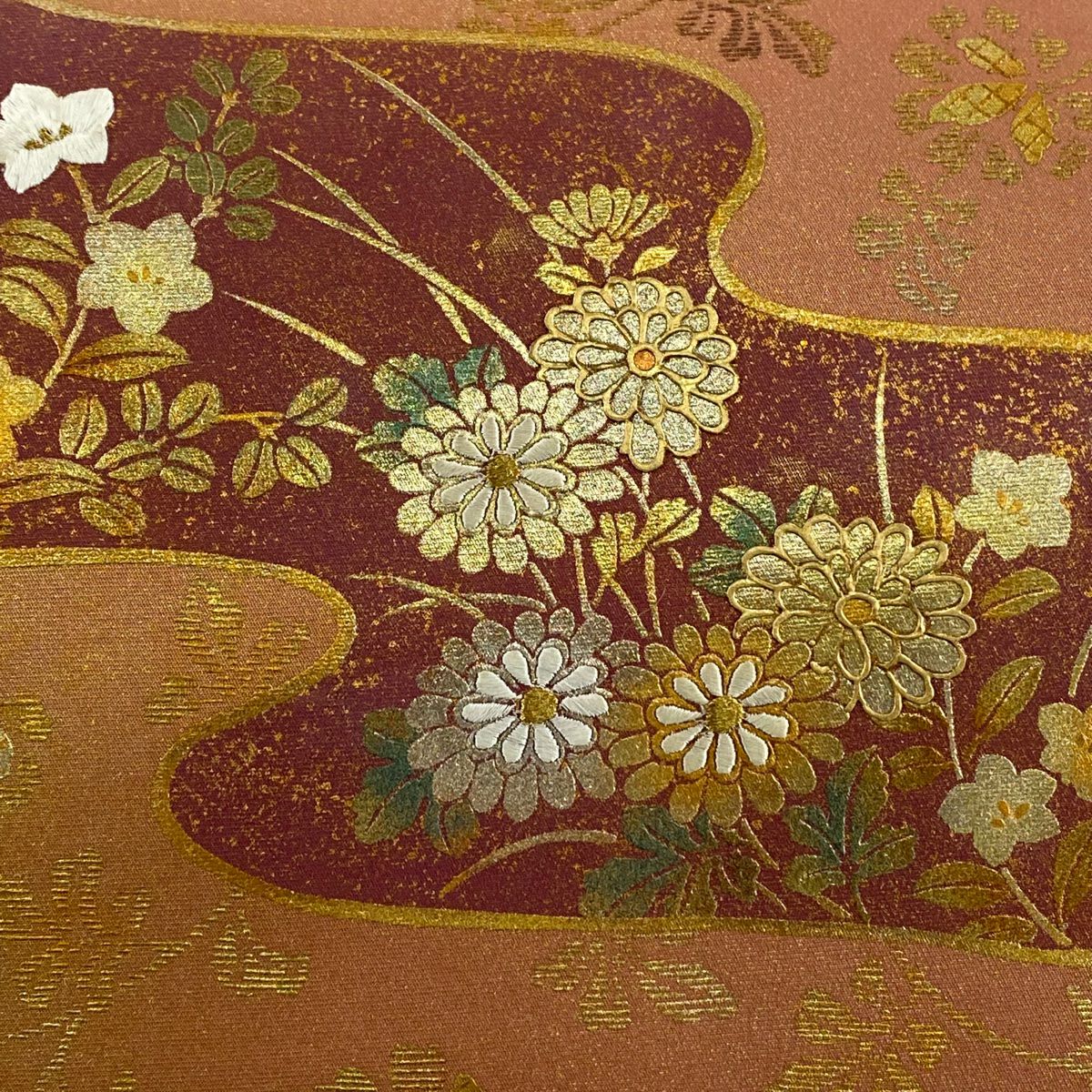 袋帶 秀品級 秋草 霞 金銀彩 刺繡 紅茶 お太鼓柄 純蠶絲