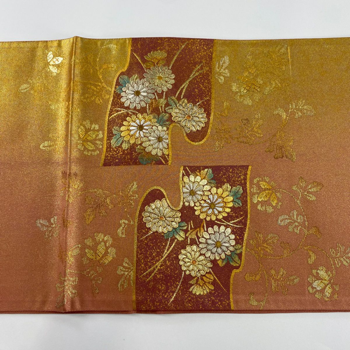 袋帶 秀品級 秋草 霞 金銀彩 刺繡 紅茶 お太鼓柄 純蠶絲