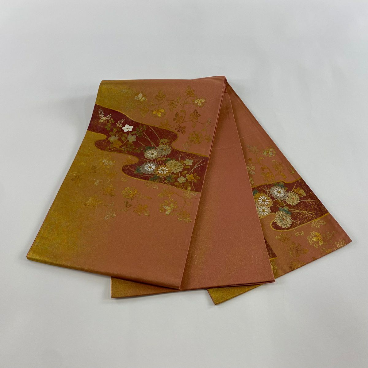 袋帶 秀品級 秋草 霞 金銀彩 刺繡 紅茶 お太鼓柄 純蠶絲