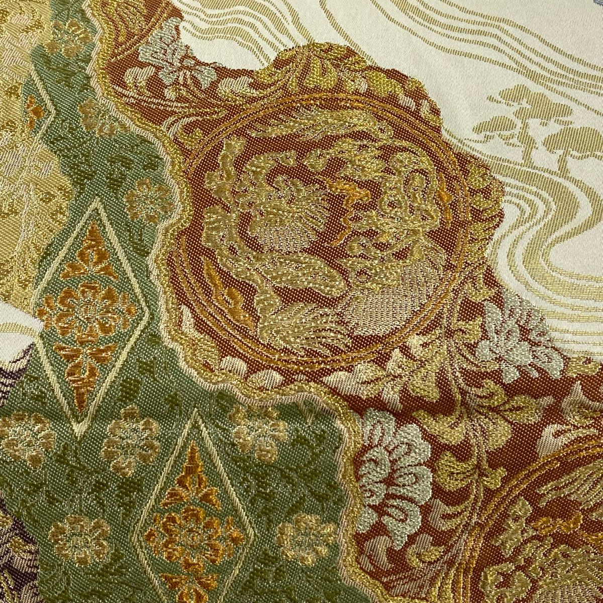 袋帶 秀品級 道長取 草花紋 金金箔 金絲 米色 六通 純蠶絲