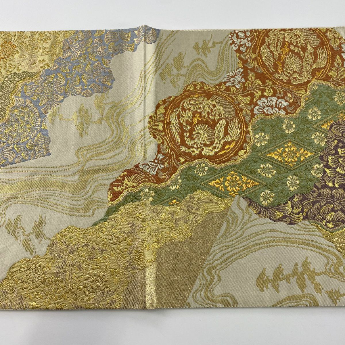 袋帶 秀品級 道長取 草花紋 金金箔 金絲 米色 六通 純蠶絲