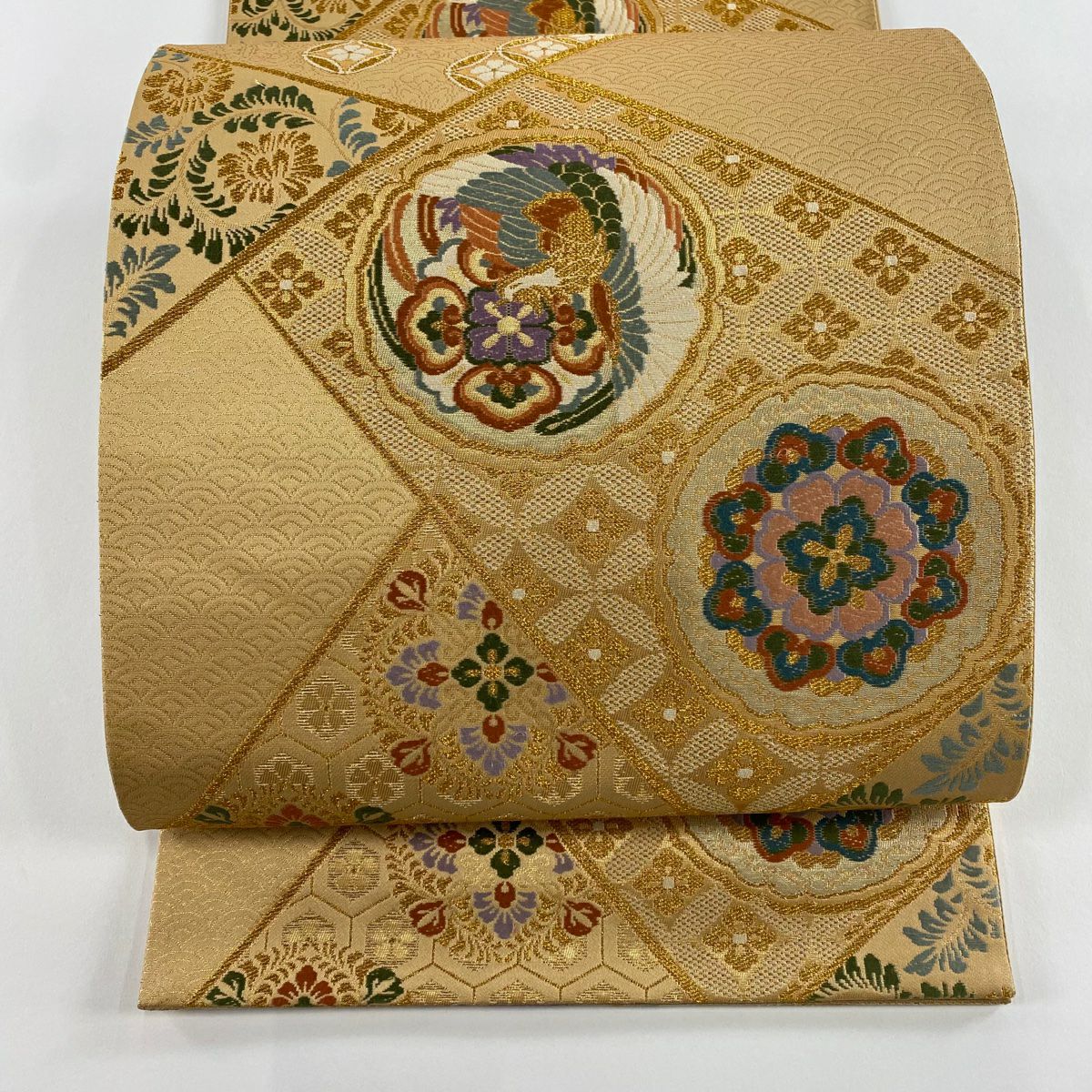 【美品】 袋帶 秀品級 華紋 鳥 金金箔 金線 淺茶 六通 純蠶絲
