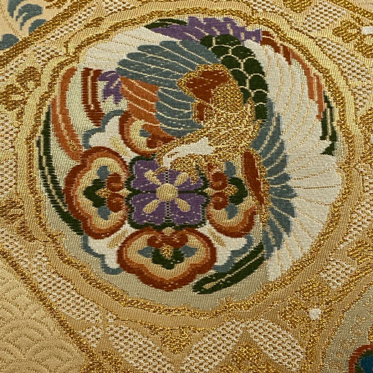 【美品】 袋帶 秀品級 華紋 鳥 金金箔 金線 淺茶 六通 純蠶絲