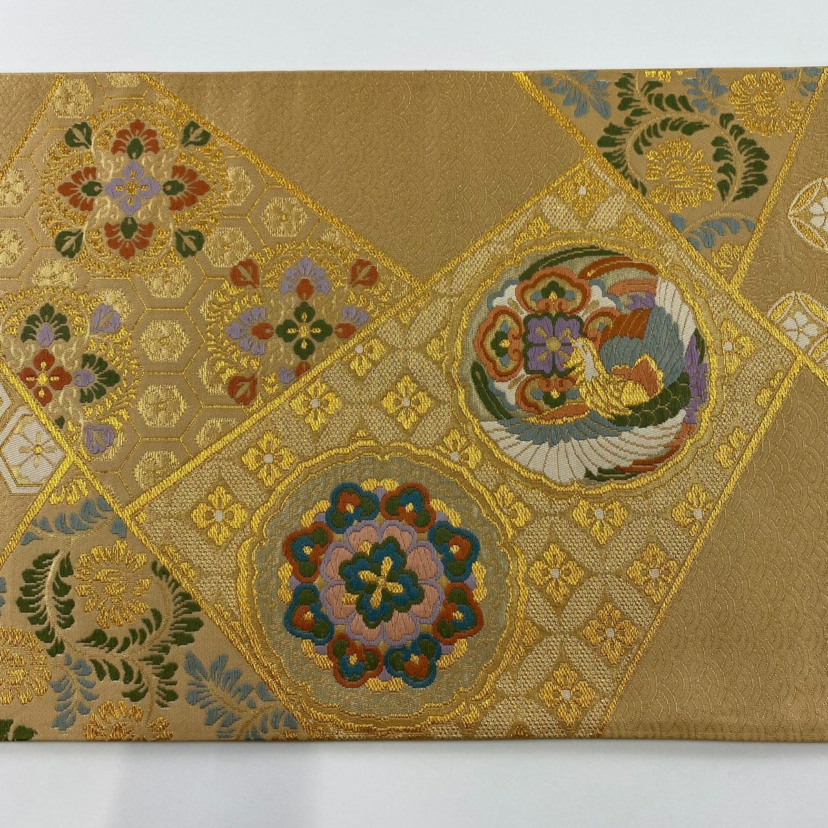 【美品】 袋帶 秀品級 華紋 鳥 金金箔 金線 淺茶 六通 純蠶絲