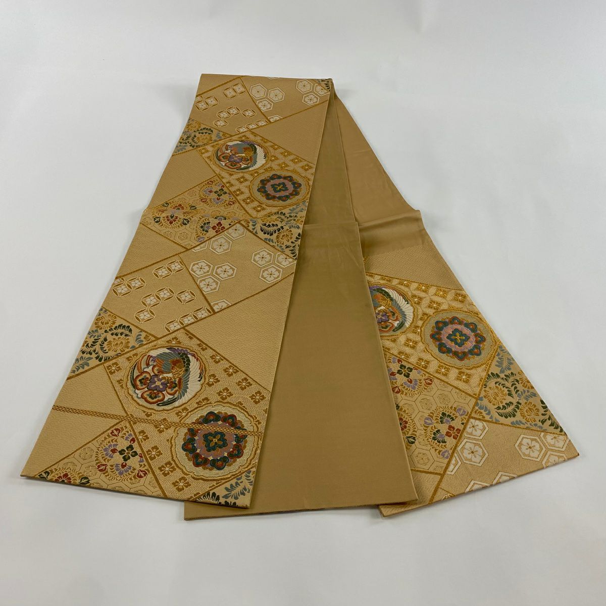 【美品】 袋帶 秀品級 華紋 鳥 金金箔 金線 淺茶 六通 純蠶絲