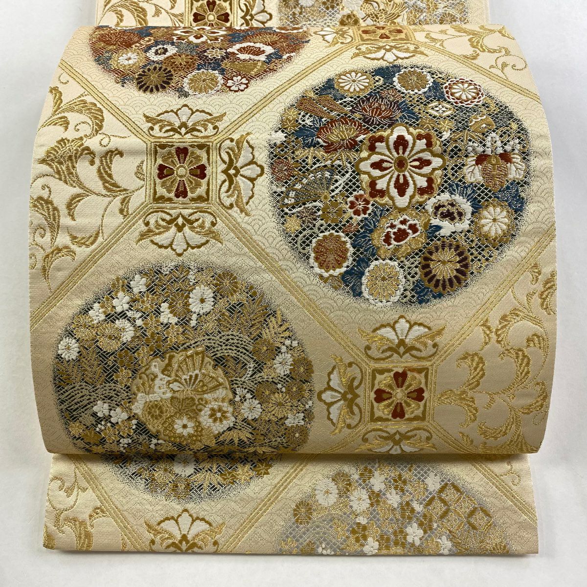 袋帶 秀品級 蜀江文 草花紋紋 金絲 金金箔 米色 六通 純蠶絲