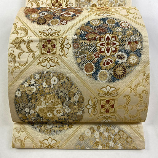袋帶 秀品級 蜀江文 草花紋紋 金絲 金金箔 米色 六通 純蠶絲
