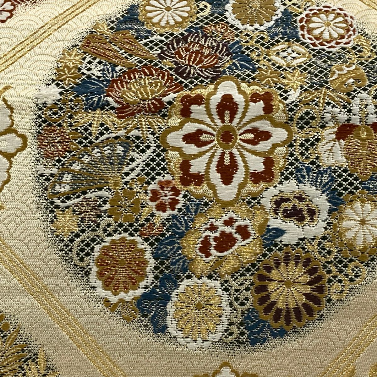 袋帶 秀品級 蜀江文 草花紋紋 金絲 金金箔 米色 六通 純蠶絲
