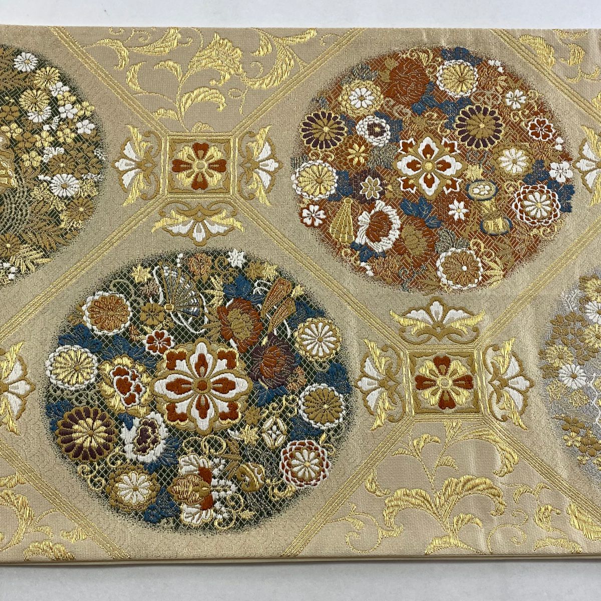 袋帶 秀品級 蜀江文 草花紋紋 金絲 金金箔 米色 六通 純蠶絲