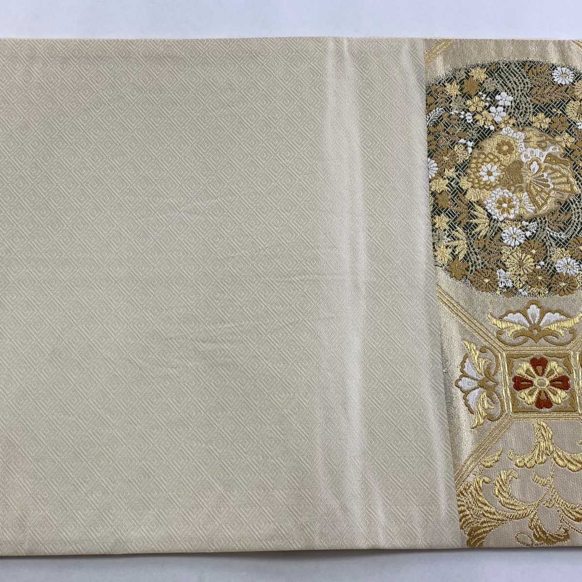 袋帶 秀品級 蜀江文 草花紋紋 金絲 金金箔 米色 六通 純蠶絲