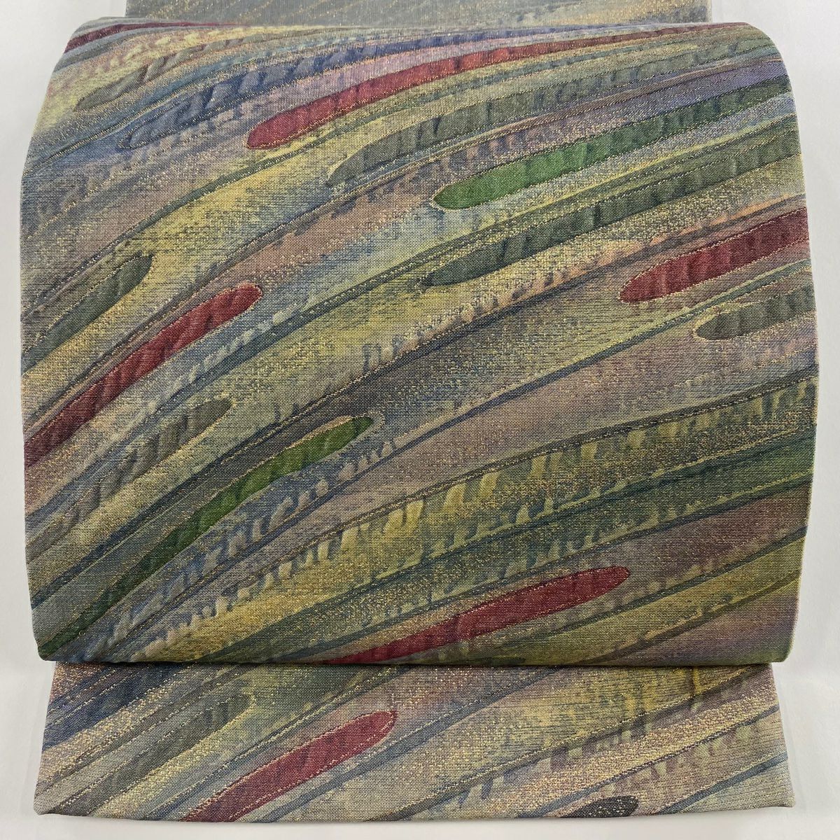 【美品】 袋帶 秀品級 附落款 霞 幾何學圖案 金絲 金金箔 青灰 深藍色 正蠶絲