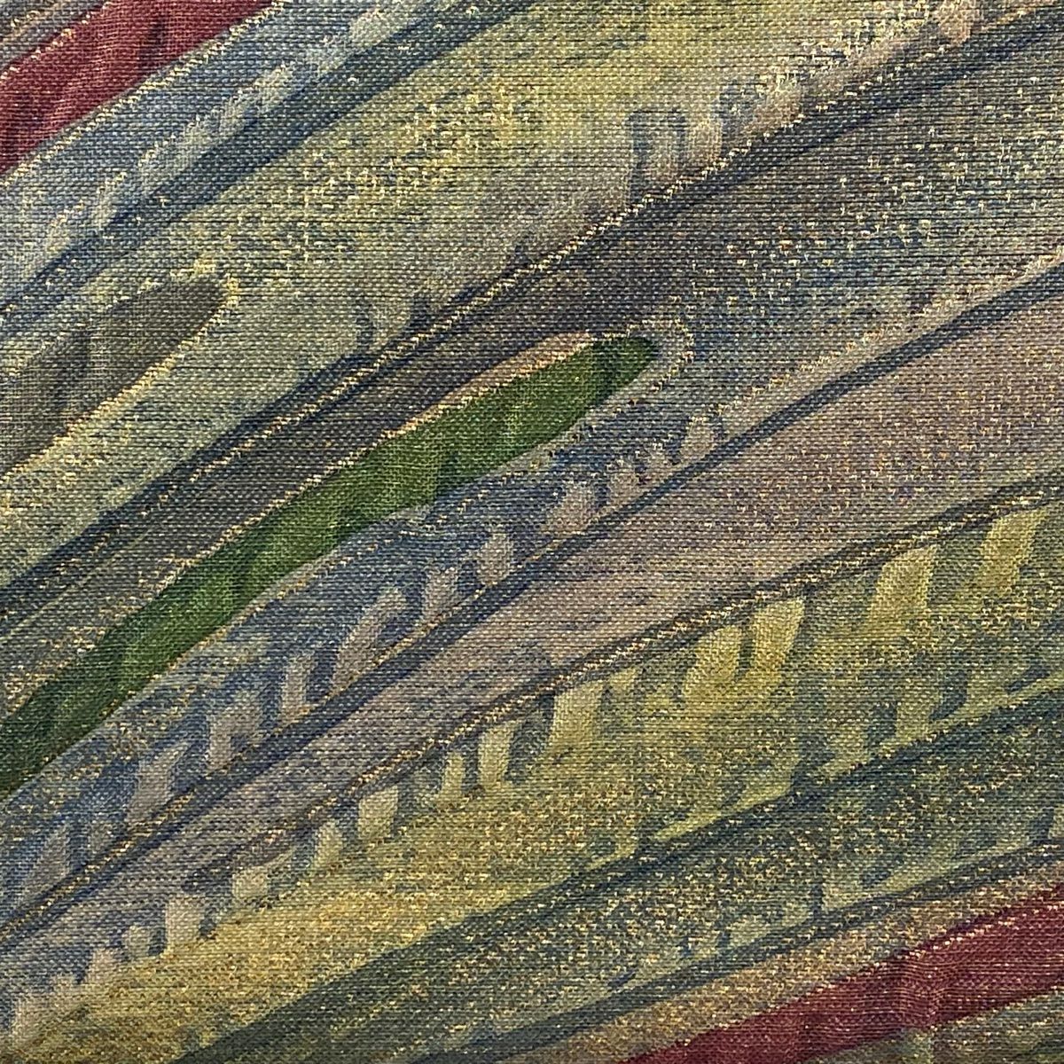 【美品】 袋帶 秀品級 附落款 霞 幾何學圖案 金絲 金金箔 青灰 深藍色 正蠶絲