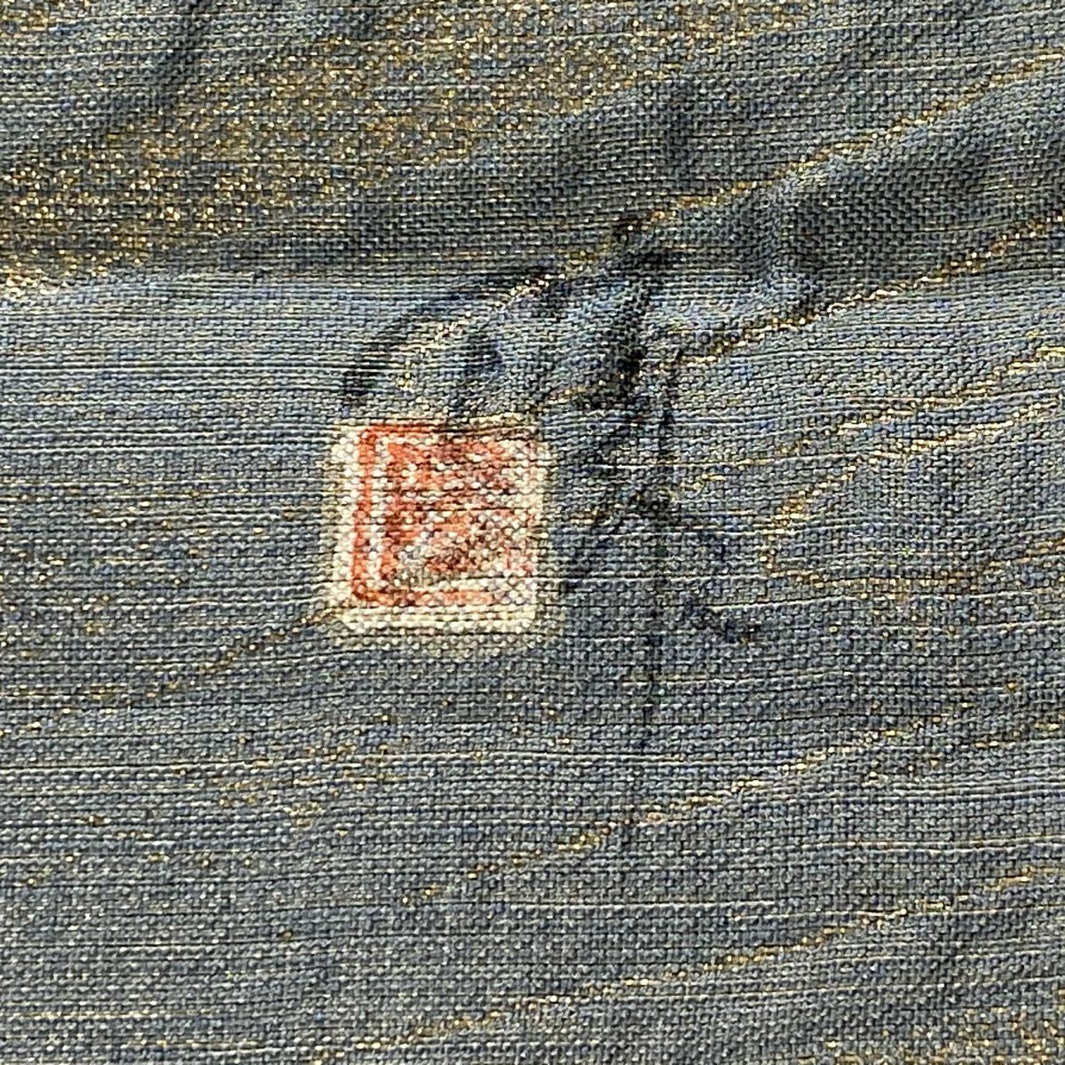 【美品】 袋帶 秀品級 附落款 霞 幾何學圖案 金絲 金金箔 青灰 深藍色 正蠶絲