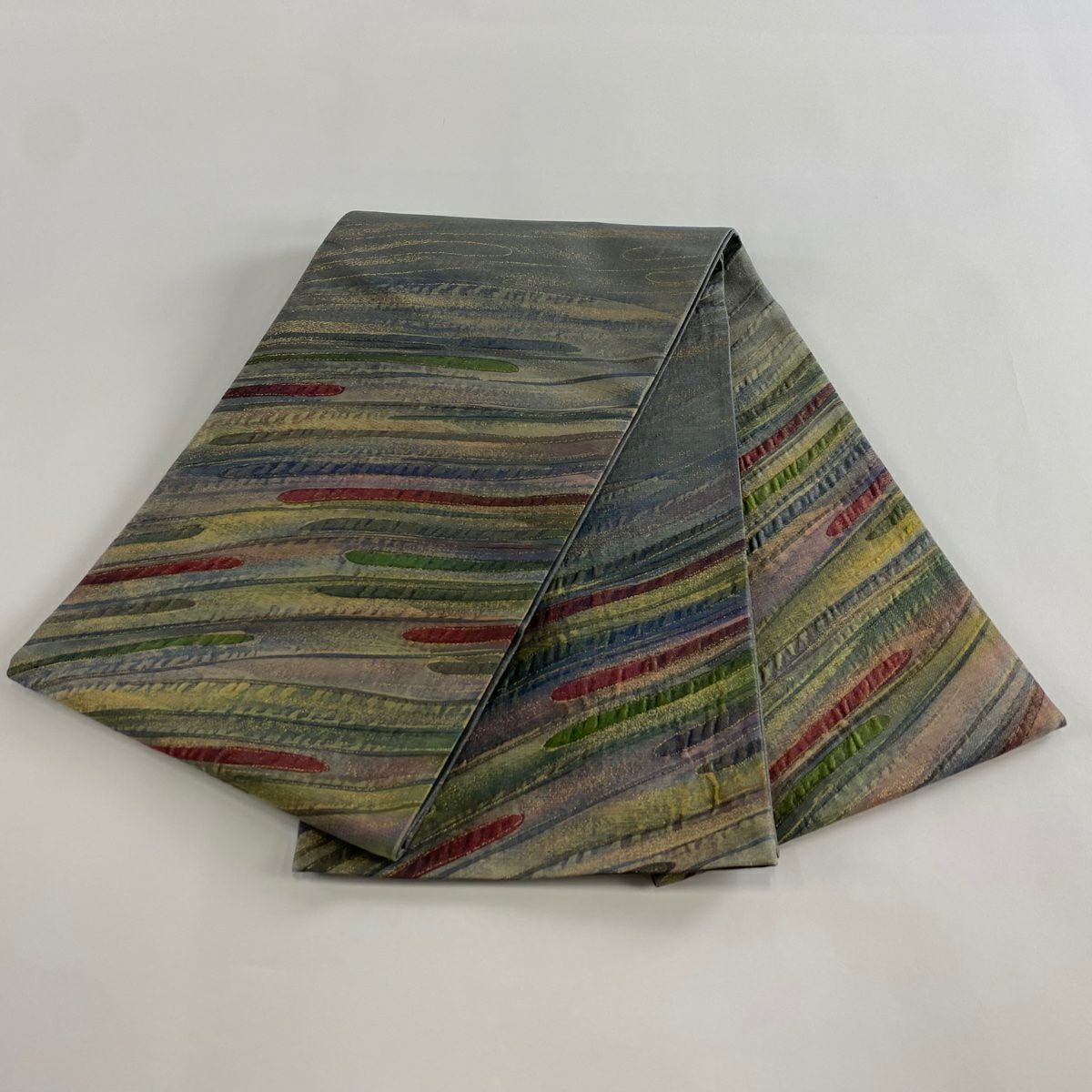 【美品】 袋帶 秀品級 附落款 霞 幾何學圖案 金絲 金金箔 青灰 深藍色 正蠶絲