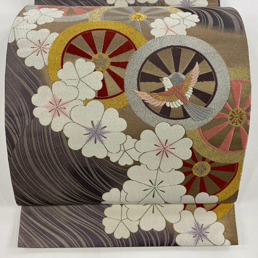 袋帶 秀品級 源氏車 花鳥 金銀彩 金金箔 灰紫 全通 純蠶絲