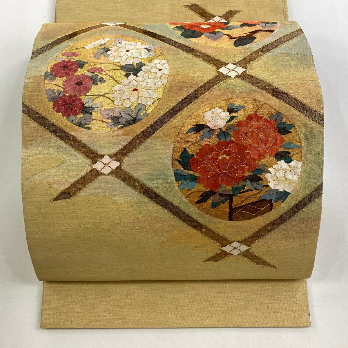 【美品】 袋帶 秀品級 圓文 草花紋 金絲 金金箔 米色 大鼓圖案 純蠶絲