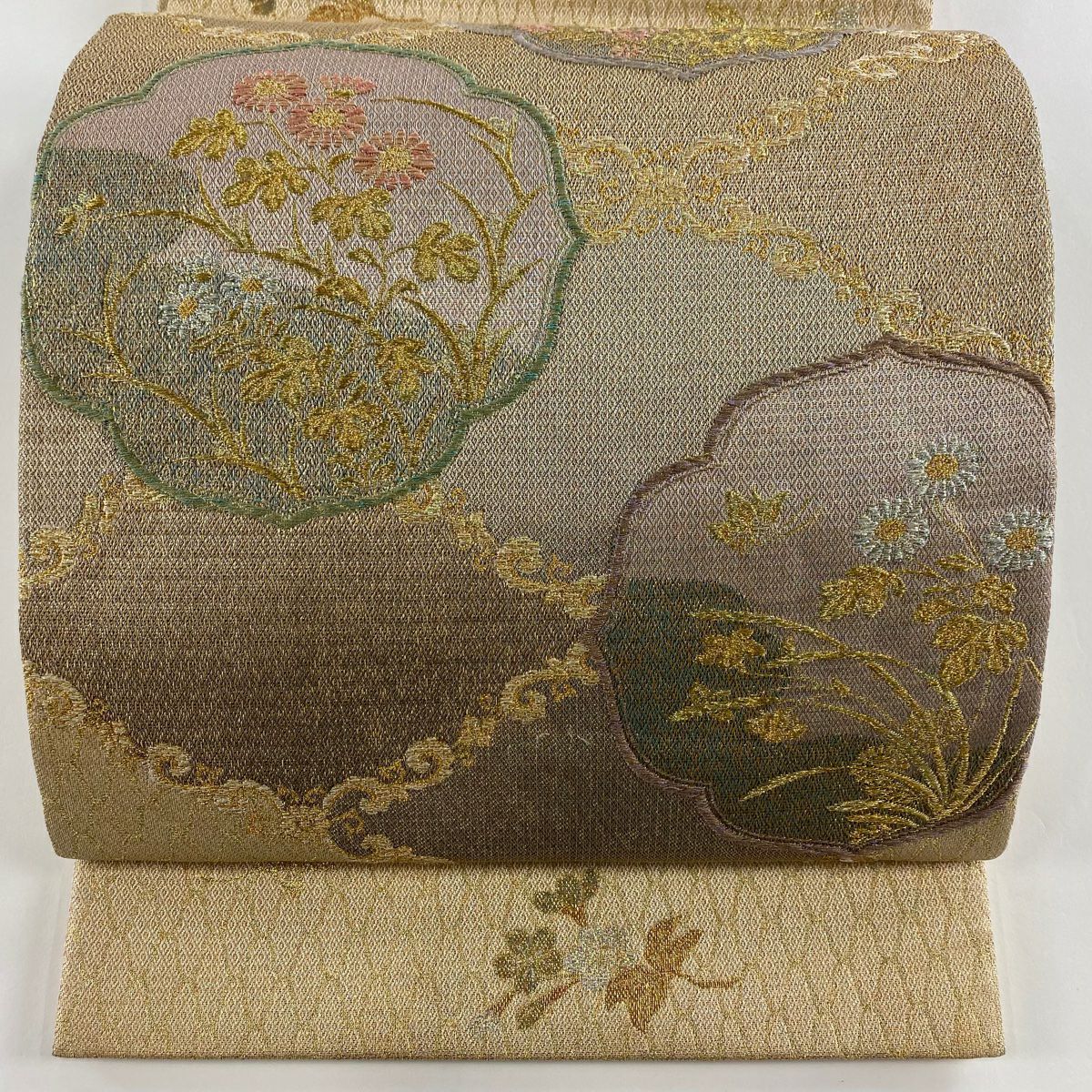 【美品】 袋帶 秀品級 菊花 幾何圖案 金絲 金金箔 淺橙 六通 純蠶絲