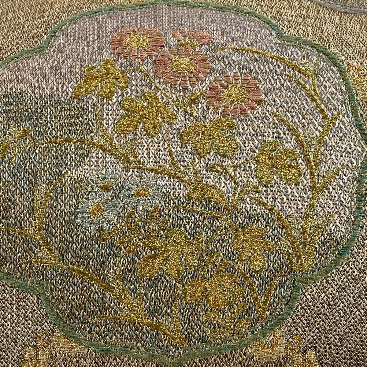 【美品】 袋帶 秀品級 菊花 幾何圖案 金絲 金金箔 淺橙 六通 純蠶絲