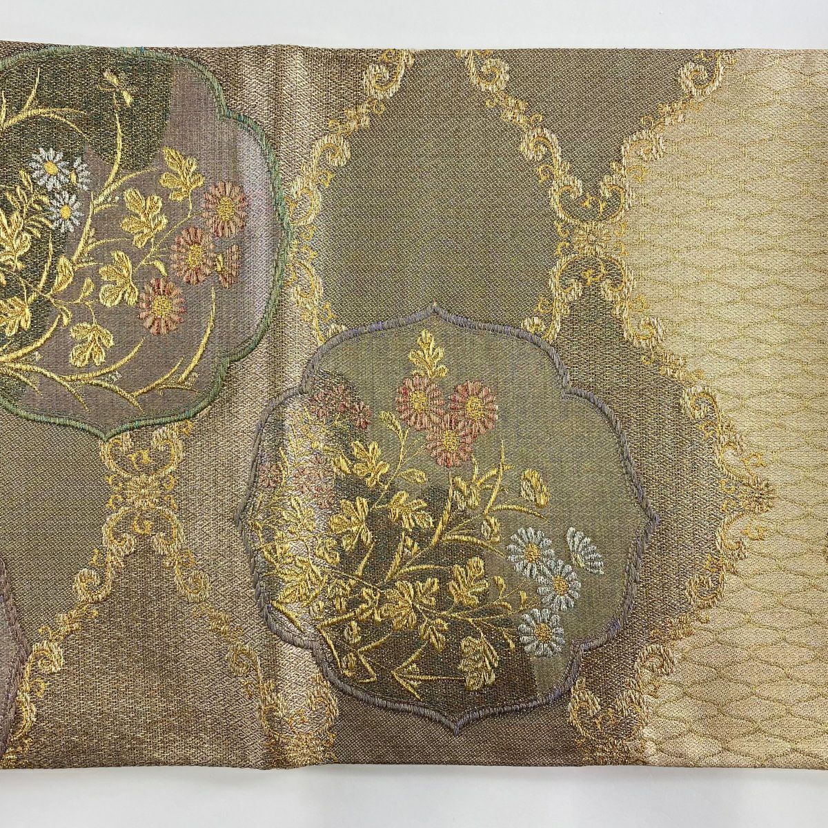 【美品】 袋帶 秀品級 菊花 幾何圖案 金絲 金金箔 淺橙 六通 純蠶絲