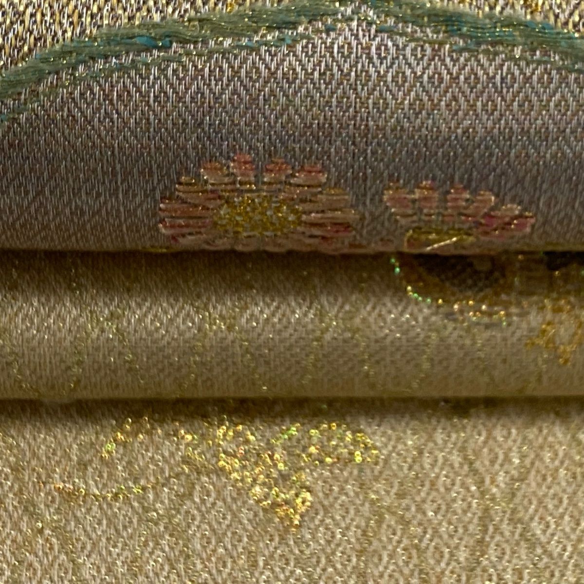 【美品】 袋帶 秀品級 菊花 幾何圖案 金絲 金金箔 淺橙 六通 純蠶絲