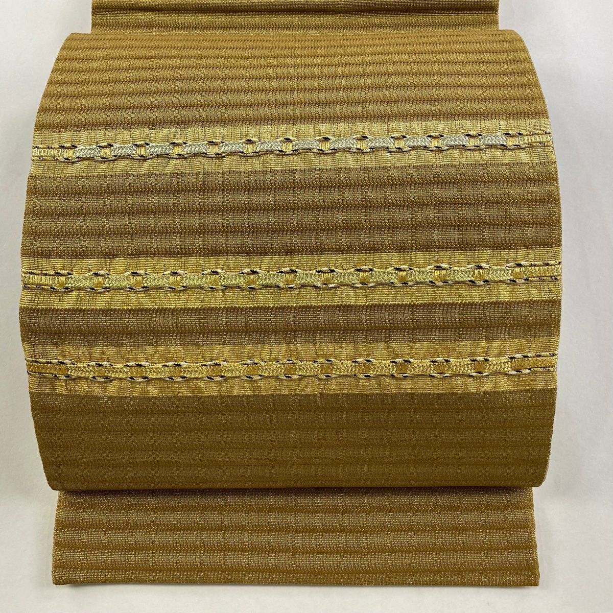 【美品】 袋帶 秀品級 縞 金銀彩 黃土 茶色 お太鼓圖案 純蠶絲