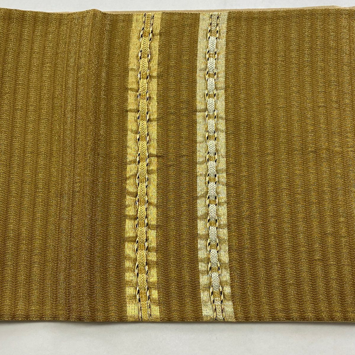 【美品】 袋帶 秀品級 縞 金銀彩 黃土 茶色 お太鼓圖案 純蠶絲