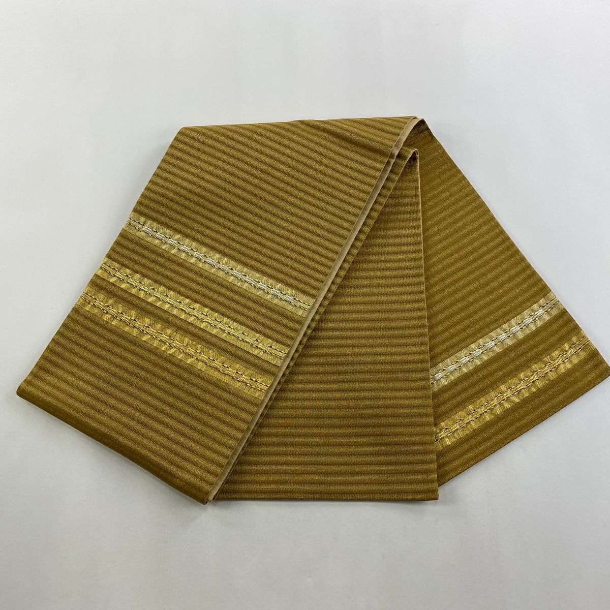 【美品】 袋帶 秀品級 縞 金銀彩 黃土 茶色 お太鼓圖案 純蠶絲