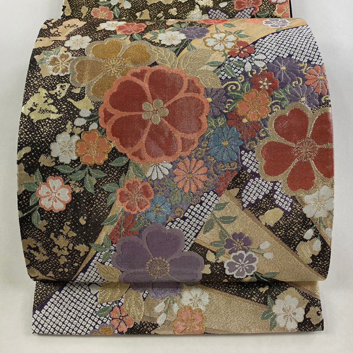 【美品】 袋帶 秀品級 樱花 疋田 金銀線 金金箔 金茶 六通 純蠶絲