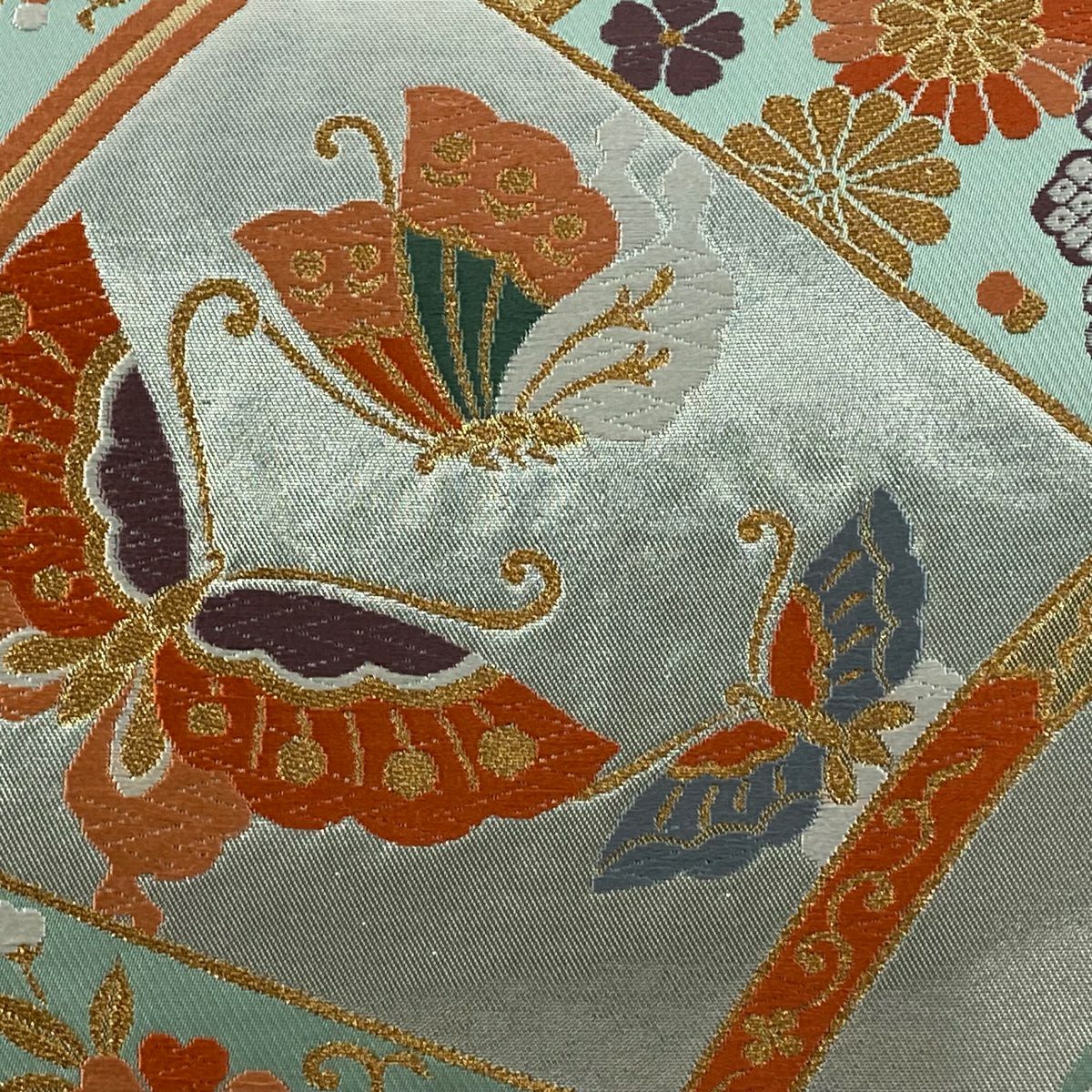 袋帶 秀品級 證書附帶 草花紋紋 蝴蝶 金金箔 金絲 淺綠 六通 純蠶絲