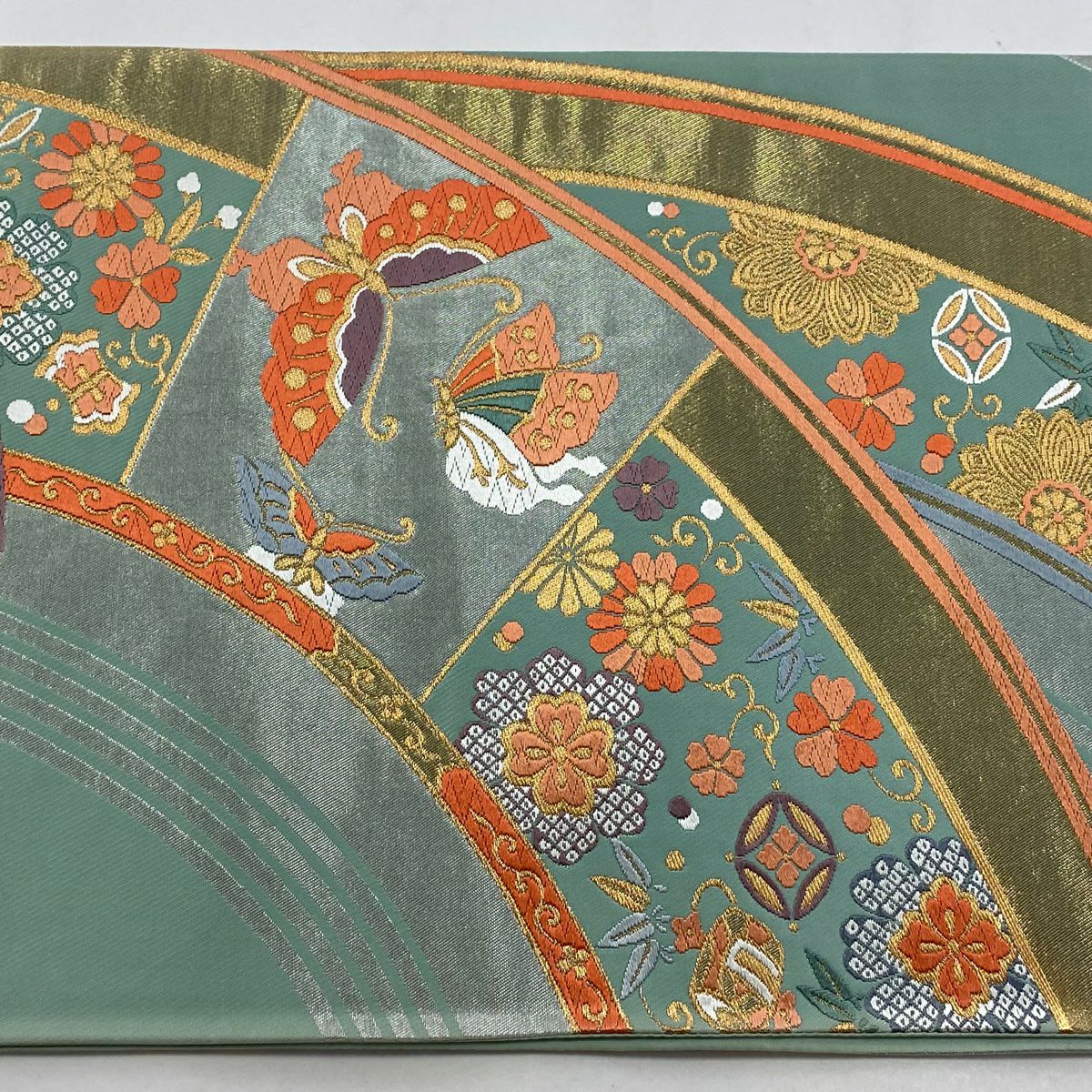 袋帶 秀品級 證書附帶 草花紋紋 蝴蝶 金金箔 金絲 淺綠 六通 純蠶絲