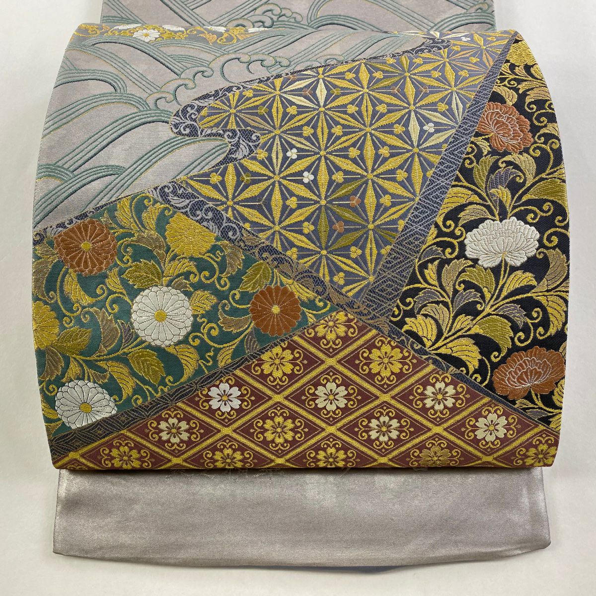 【美品】 袋帶 秀品級 證書齊全 州濱裂取波紋 花唐草紋 波頭 金絲 金金箔 灰紫 お太鼓圖案 純蠶絲