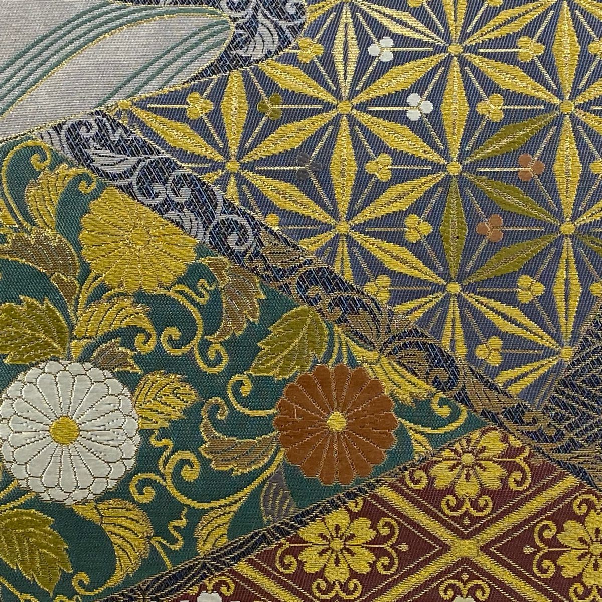 【美品】 袋帶 秀品級 證書齊全 州濱裂取波紋 花唐草紋 波頭 金絲 金金箔 灰紫 お太鼓圖案 純蠶絲