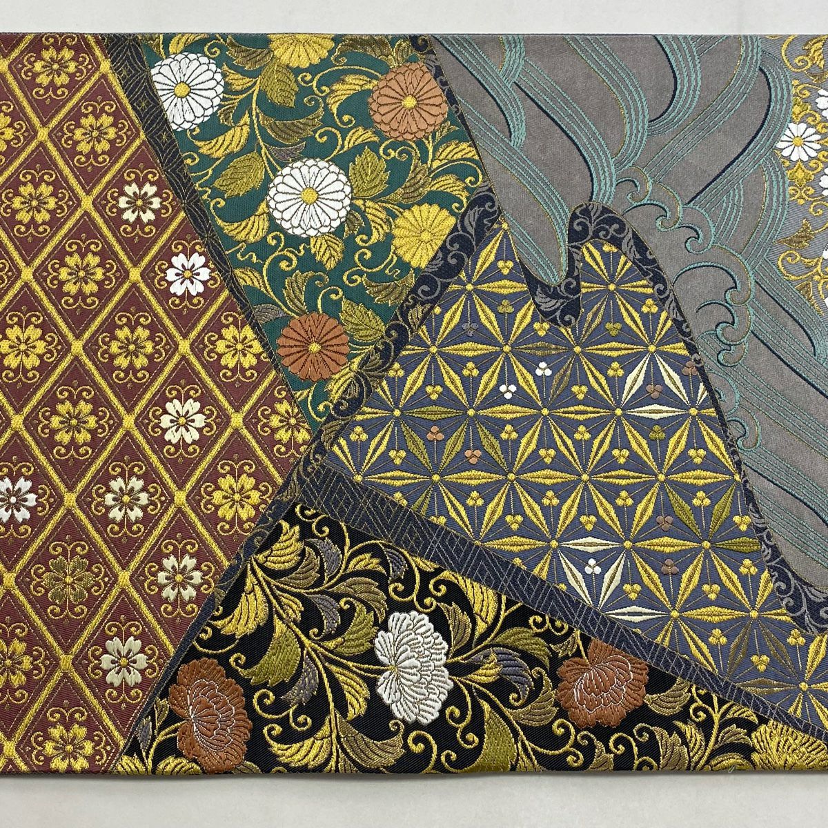 【美品】 袋帶 秀品級 證書齊全 州濱裂取波紋 花唐草紋 波頭 金絲 金金箔 灰紫 お太鼓圖案 純蠶絲