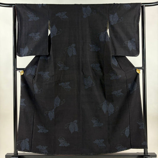 【美品】結城紬織 身長157cm 袖長62.5cm S 雙層 本場結城紬織 證書附帶 蝶 龜甲絣 深藍 純蠶絲 逸品級