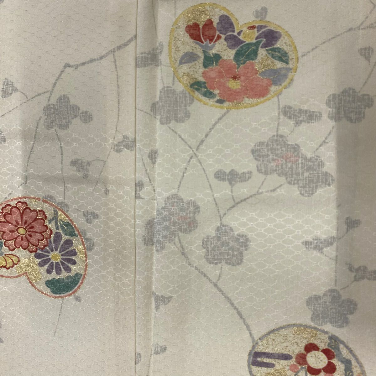 小紋 身長157cm 袖長63cm S 單層 草花紋紋 枝梅花 金彩裝飾 奶油色 純蠶絲 優品級