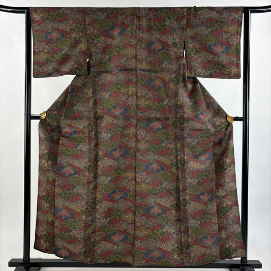 【美品】 小紋 身長157.5cm 袖長63.5cm S 單層 紬織織 桐 梅花 紅茶 純蠶絲 優品級