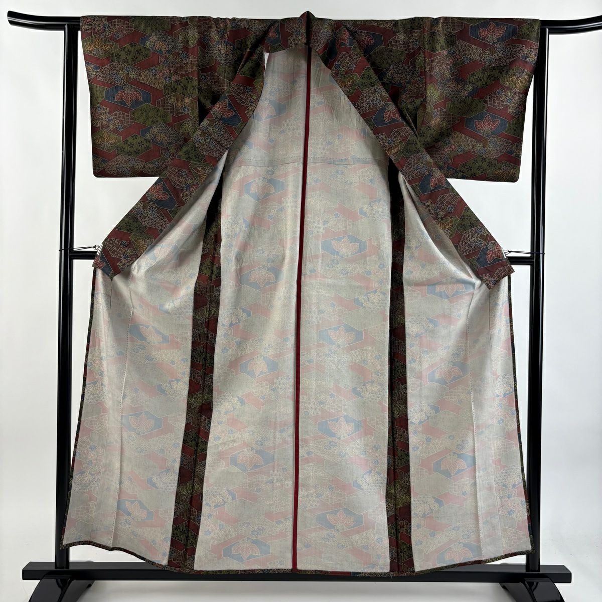 【美品】 小紋 身長157.5cm 袖長63.5cm S 單層 紬織織 桐 梅花 紅茶 純蠶絲 優品級