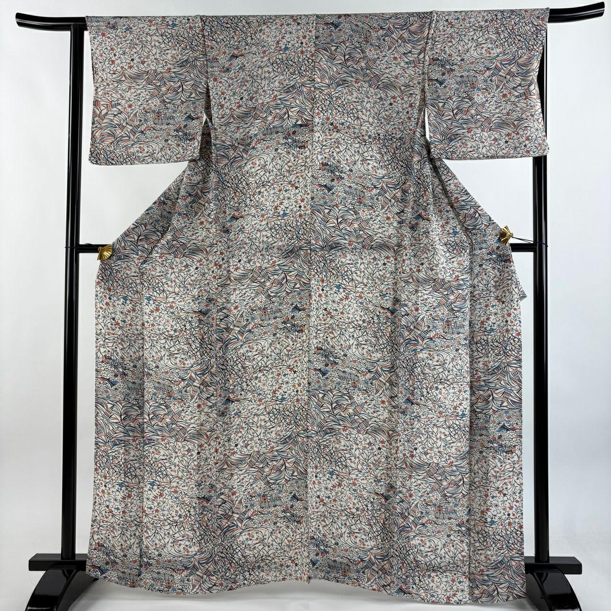小紋 身長163.5cm 袖長65.5cm M 單層 草花紋紋 建物 縮緬 灰白 純蠶絲 優品級