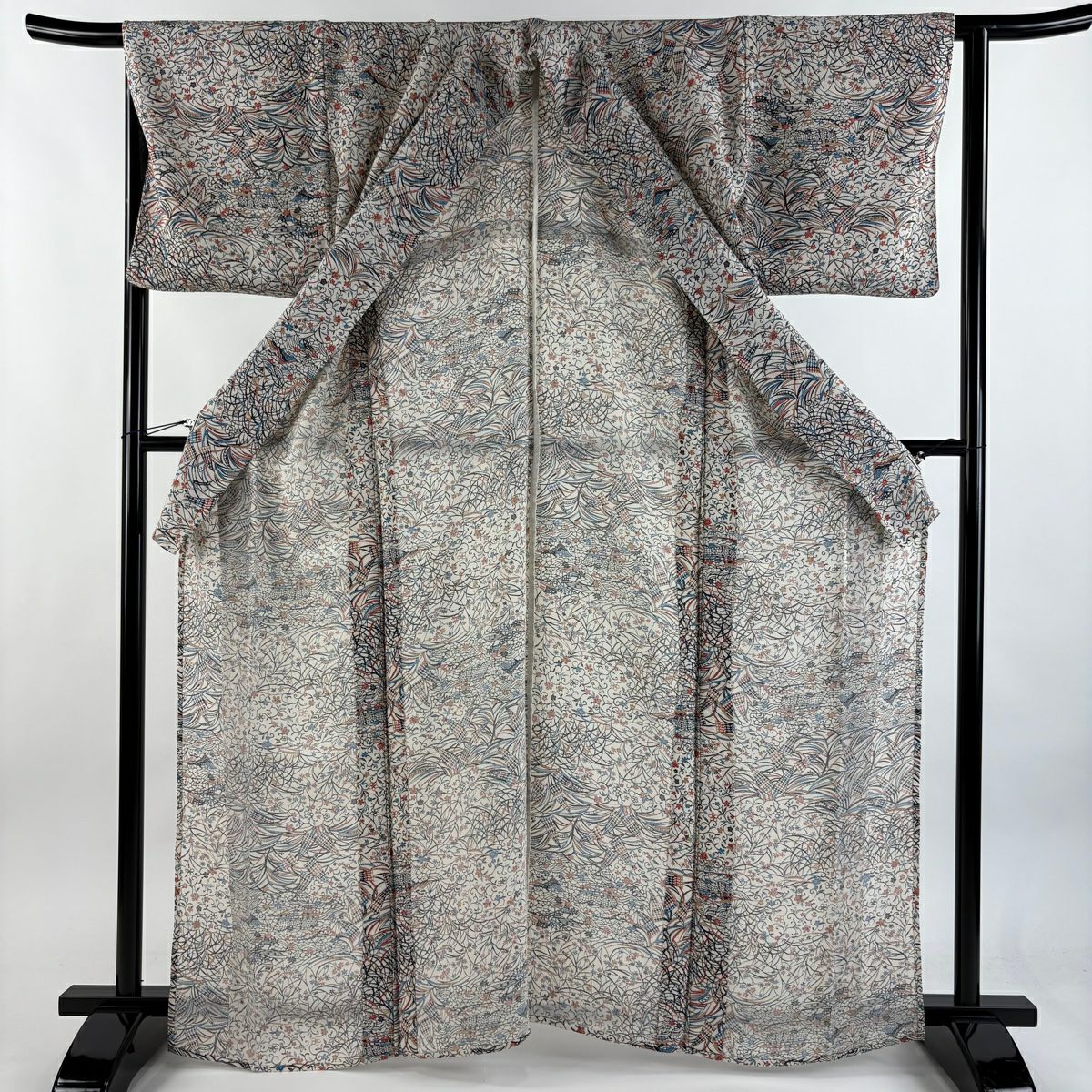 小紋 身長163.5cm 袖長65.5cm M 單層 草花紋紋 建物 縮緬 灰白 純蠶絲 優品級