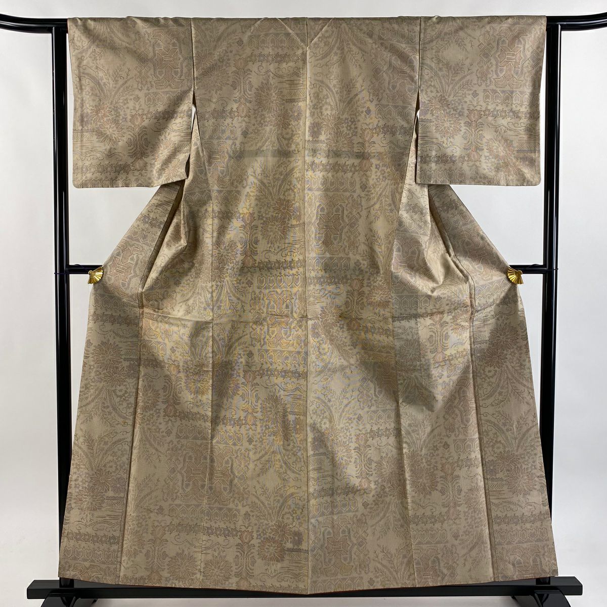 紬織織 身長156.5cm 袖長62cm S 雙層 草花紋紋 幾何學 薄茶 純蠶絲 優品級