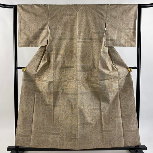 紬織織 身長156.5cm 袖長62cm S 雙層 草花紋紋 幾何學 薄茶 純蠶絲 優品級