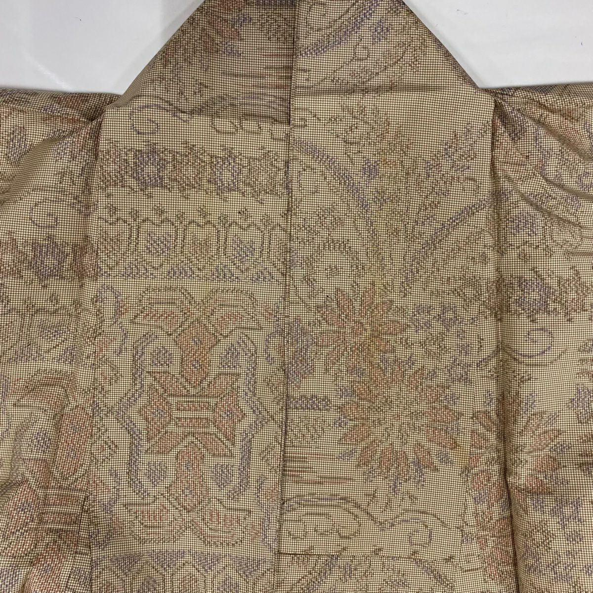 紬織織 身長156.5cm 袖長62cm S 雙層 草花紋紋 幾何學 薄茶 純蠶絲 優品級
