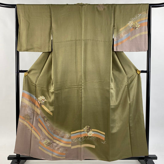訪問服 身長157cm 袖長65cm M 雙層 松樹皮菱 花鳥 金銀彩 刺繡 鶯 純蠶絲 優品級