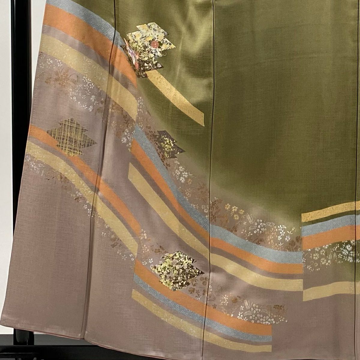 訪問服 身長157cm 袖長65cm M 雙層 松樹皮菱 花鳥 金銀彩 刺繡 鶯 純蠶絲 優品級