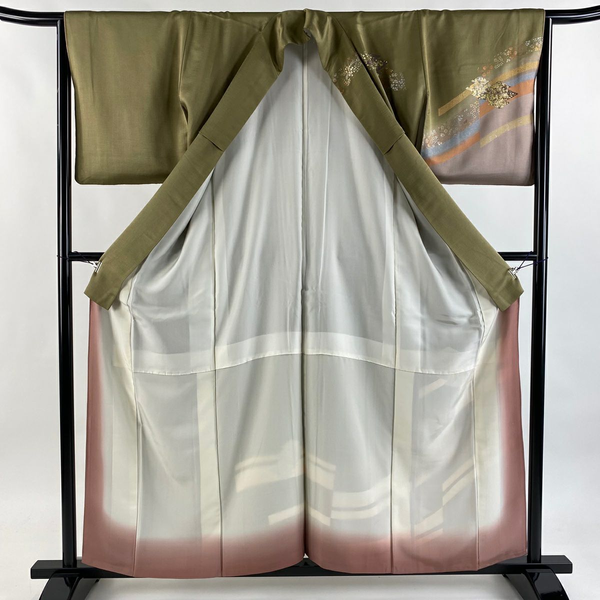 訪問服 身長157cm 袖長65cm M 雙層 松樹皮菱 花鳥 金銀彩 刺繡 鶯 純蠶絲 優品級
