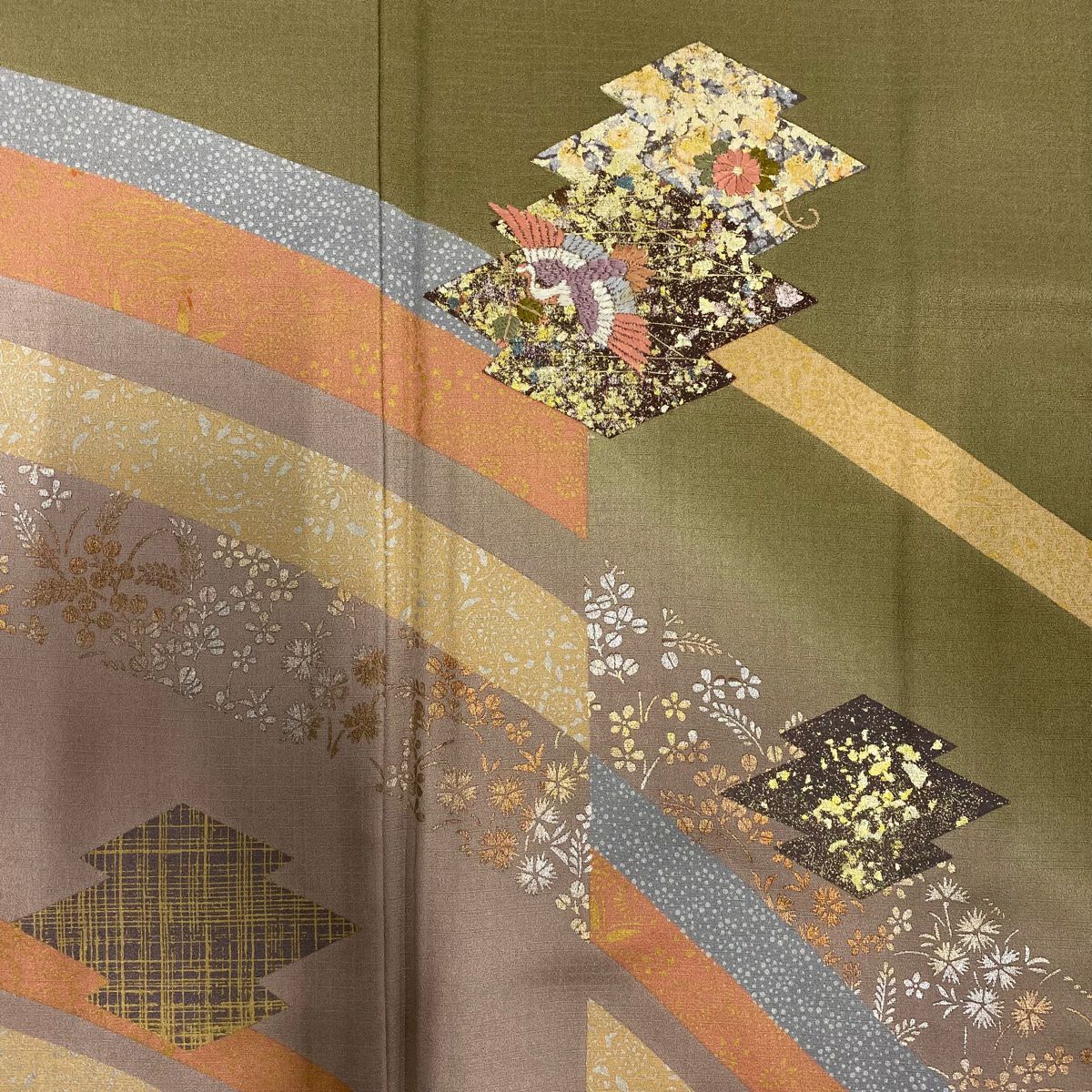訪問服 身長157cm 袖長65cm M 雙層 松樹皮菱 花鳥 金銀彩 刺繡 鶯 純蠶絲 優品級