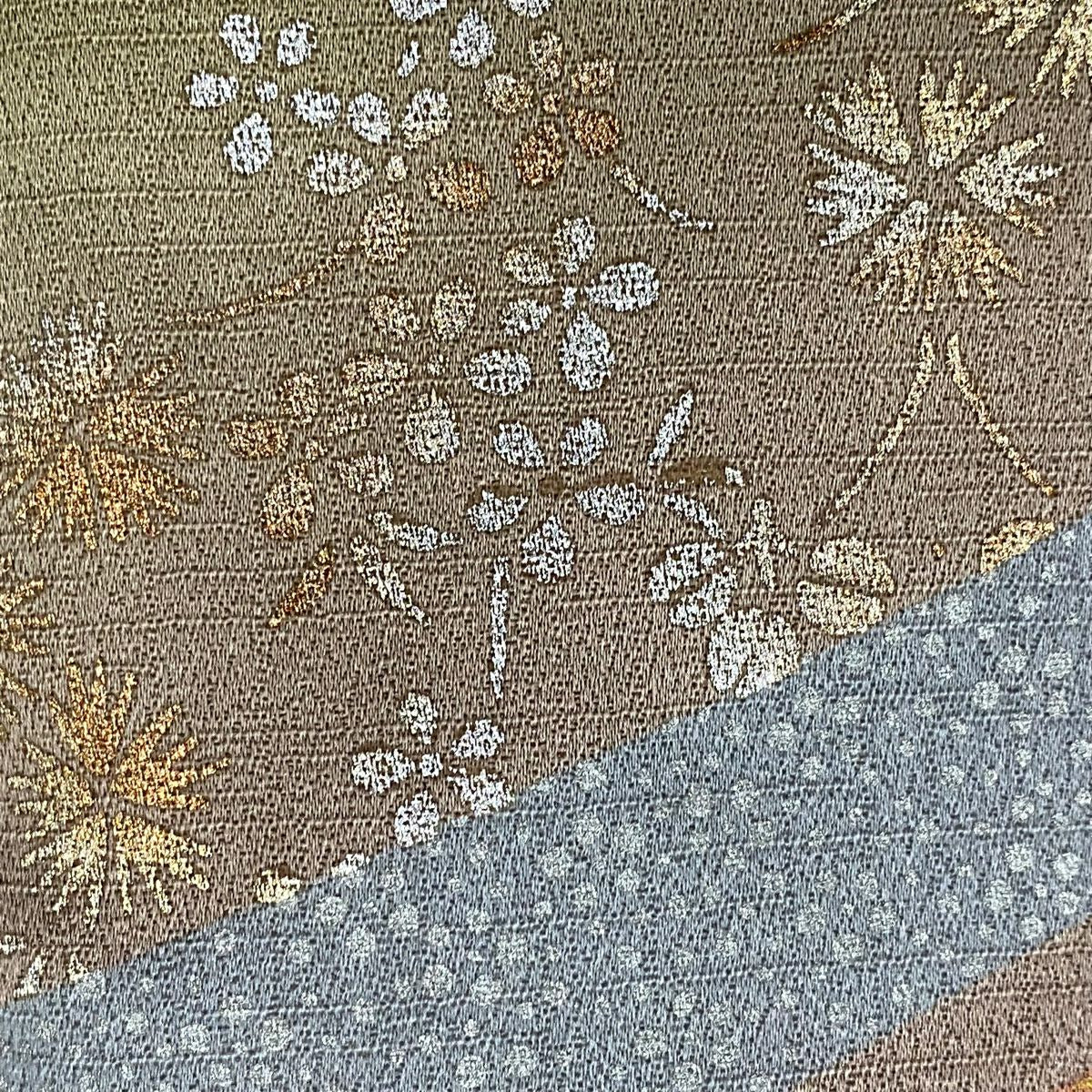 訪問服 身長157cm 袖長65cm M 雙層 松樹皮菱 花鳥 金銀彩 刺繡 鶯 純蠶絲 優品級