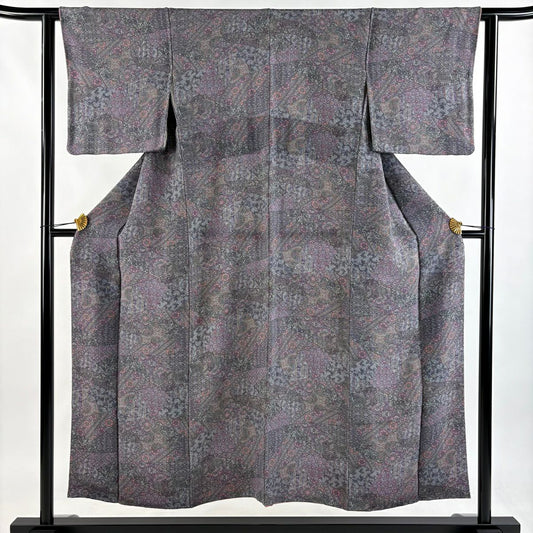 【美品】 小紋 身長151cm 袖長62cm S 雙層 寄せ柄 草花紋紋 絞織 灰紫 純蠶絲 優品級